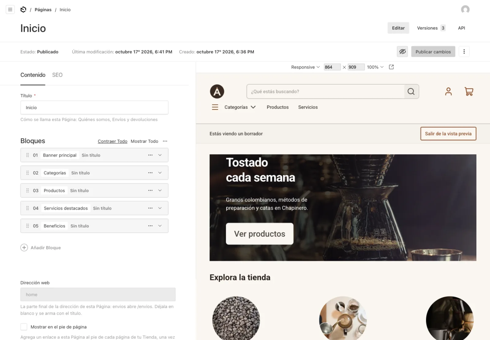 Editor de páginas de Zoren junto a la vista previa de la Tienda