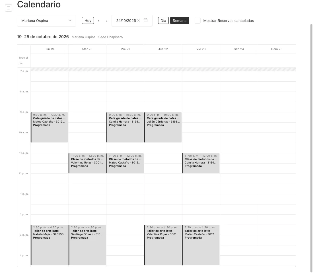 Calendario semanal de Reservas en el panel de Zoren